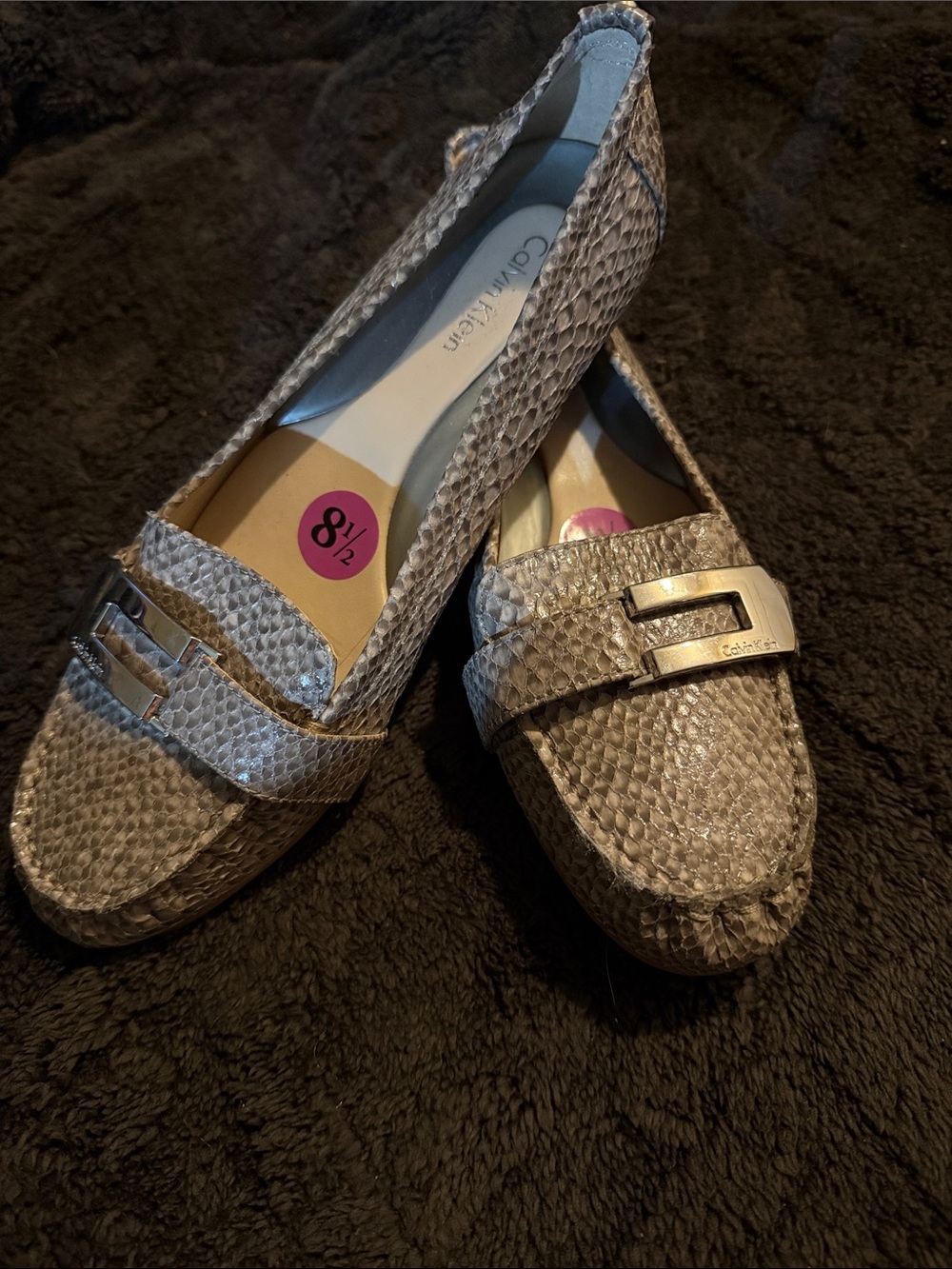 New! Calvin Klein Snake-Print Taupe Loafers with Metal Accent